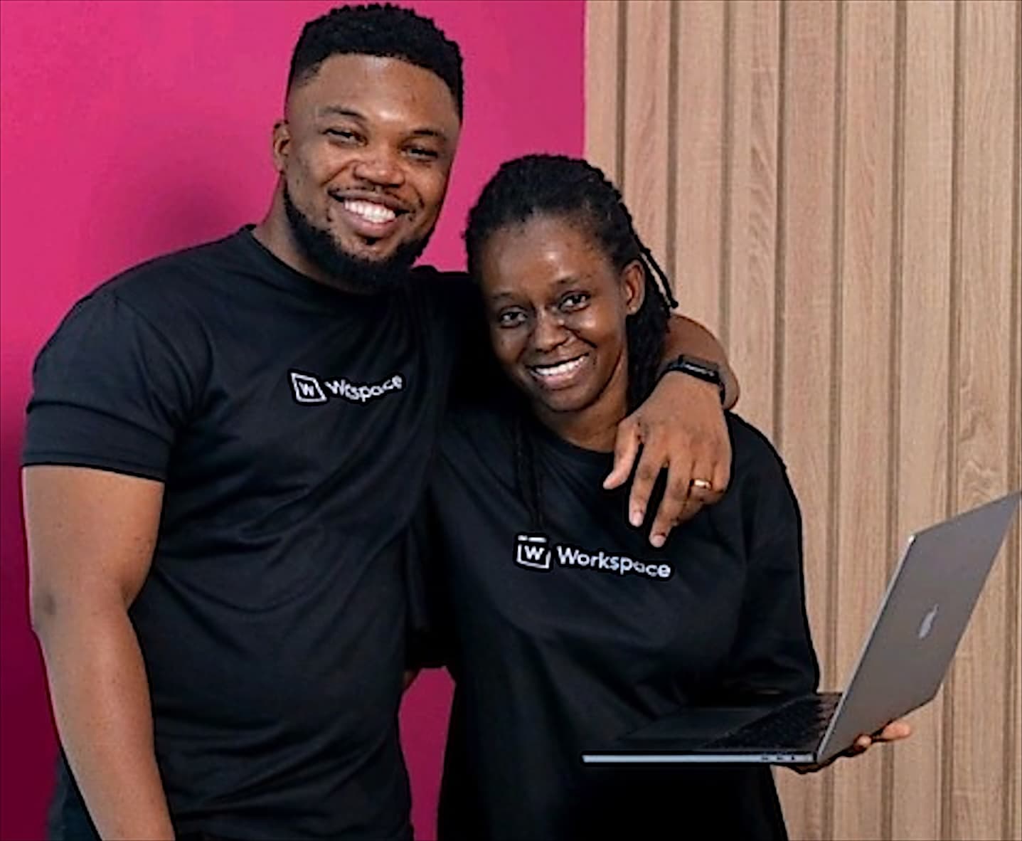 Co-founders Sydney Scott Sam and Nana Aba Wilson-Sam in Workspace T-shirts