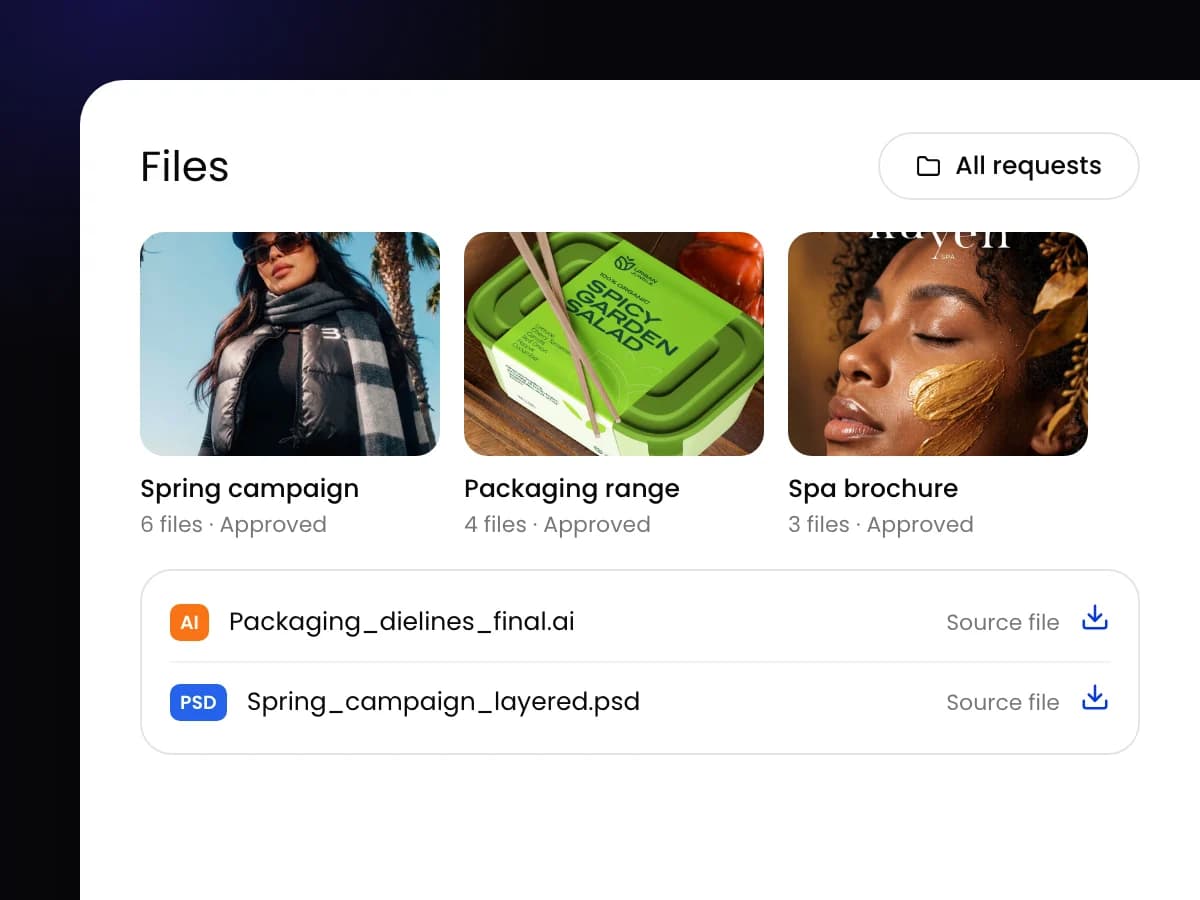 Approved work in the Workspace portal files area, with editable source files ready to download