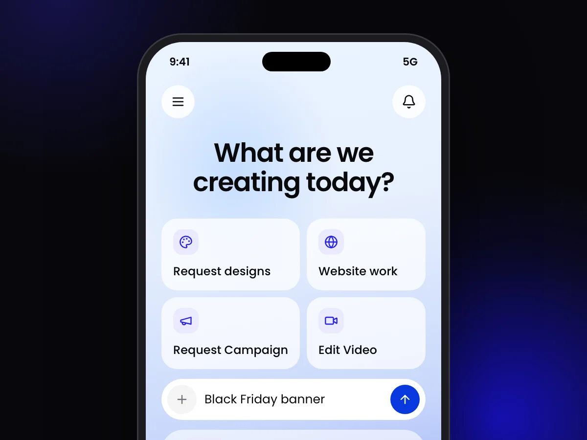 Workspace mobile app home screen with shortcuts to request designs, website work, campaigns and video edits
