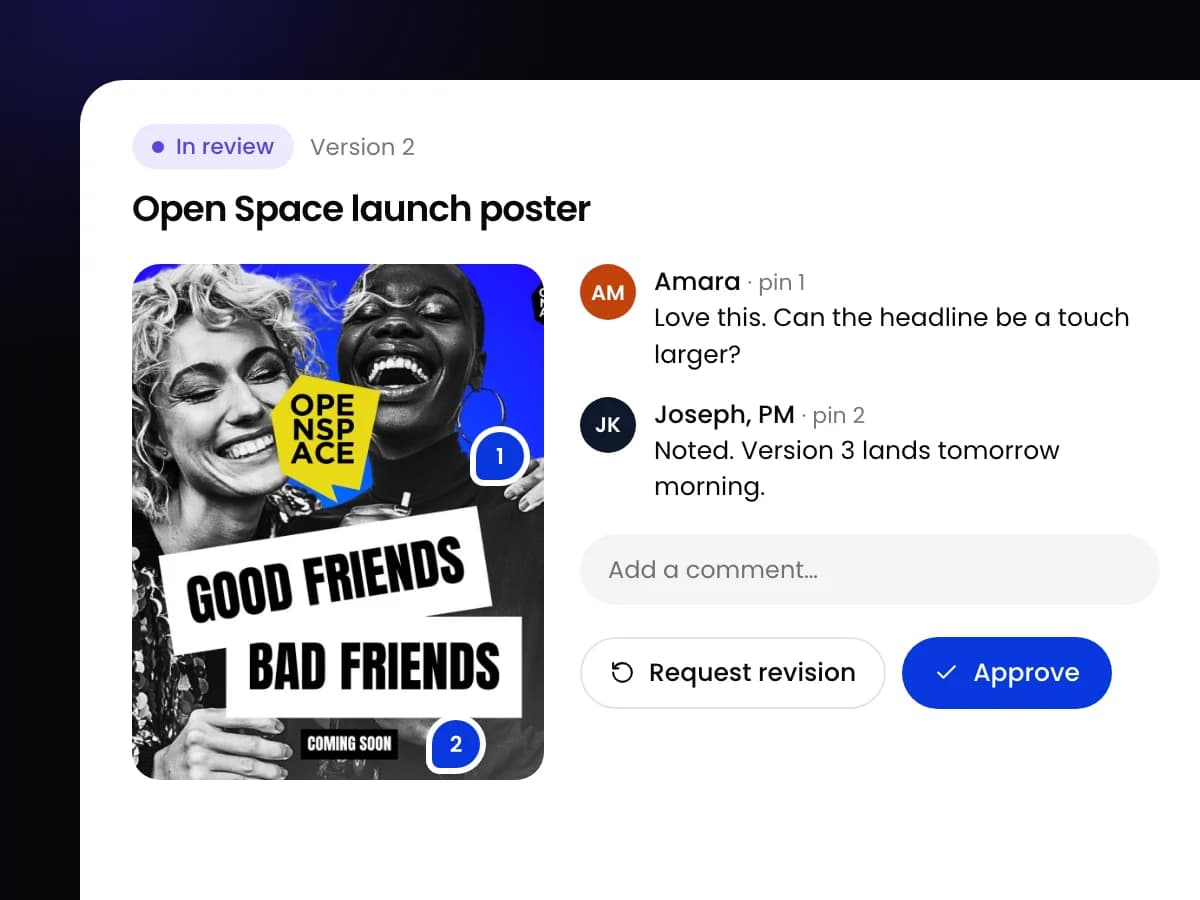 A poster in review in the Workspace portal, with pinned comments and buttons to request a revision or approve