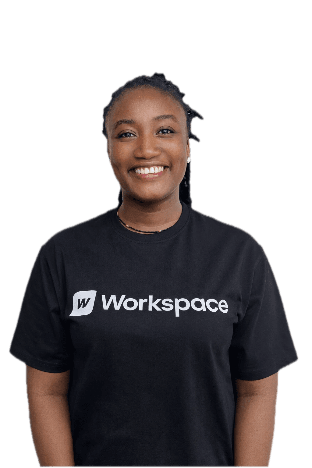 Smiling member of the Workspace team in a Workspace T-shirt