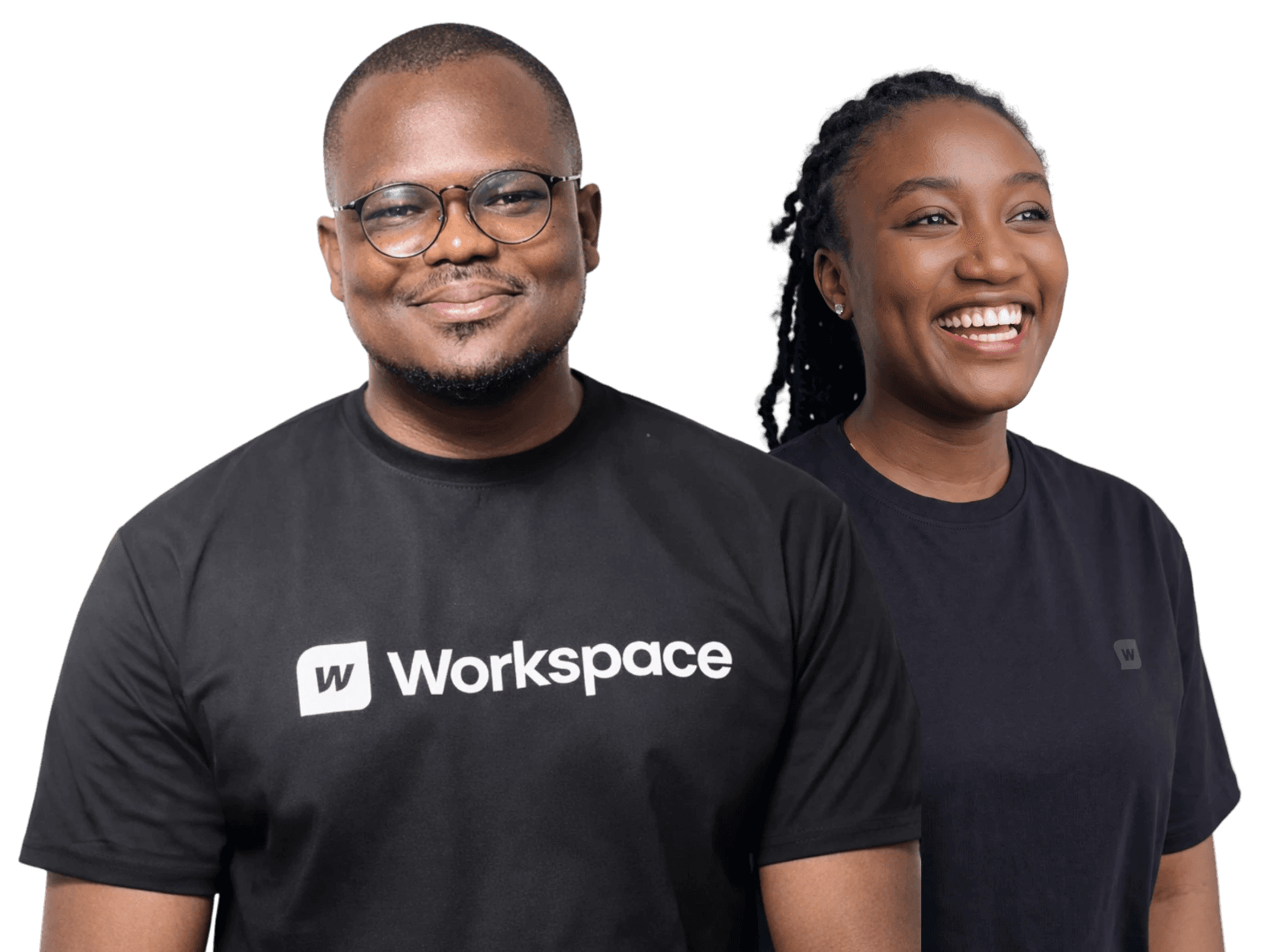 Two smiling members of the Workspace team in Workspace T-shirts