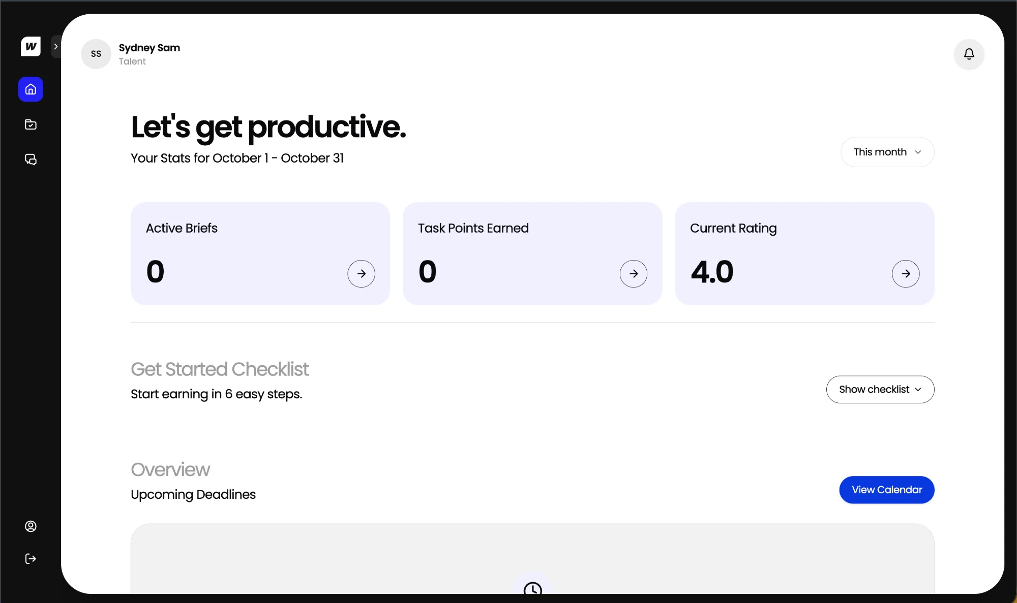 Workspace talent dashboard showing active briefs, Taskpoints earned this month and current rating