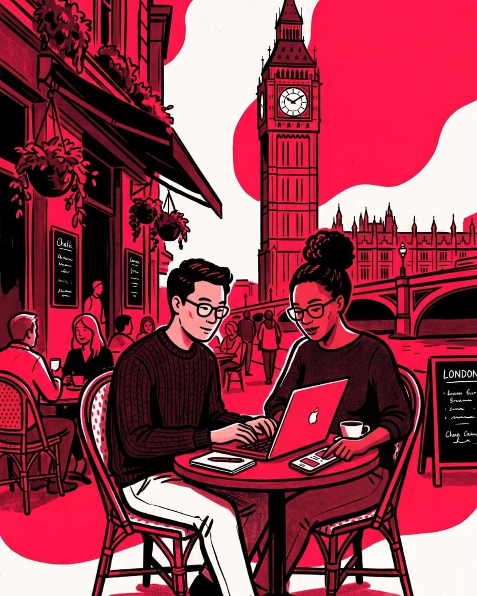 Illustration of two people working on a laptop at a London café