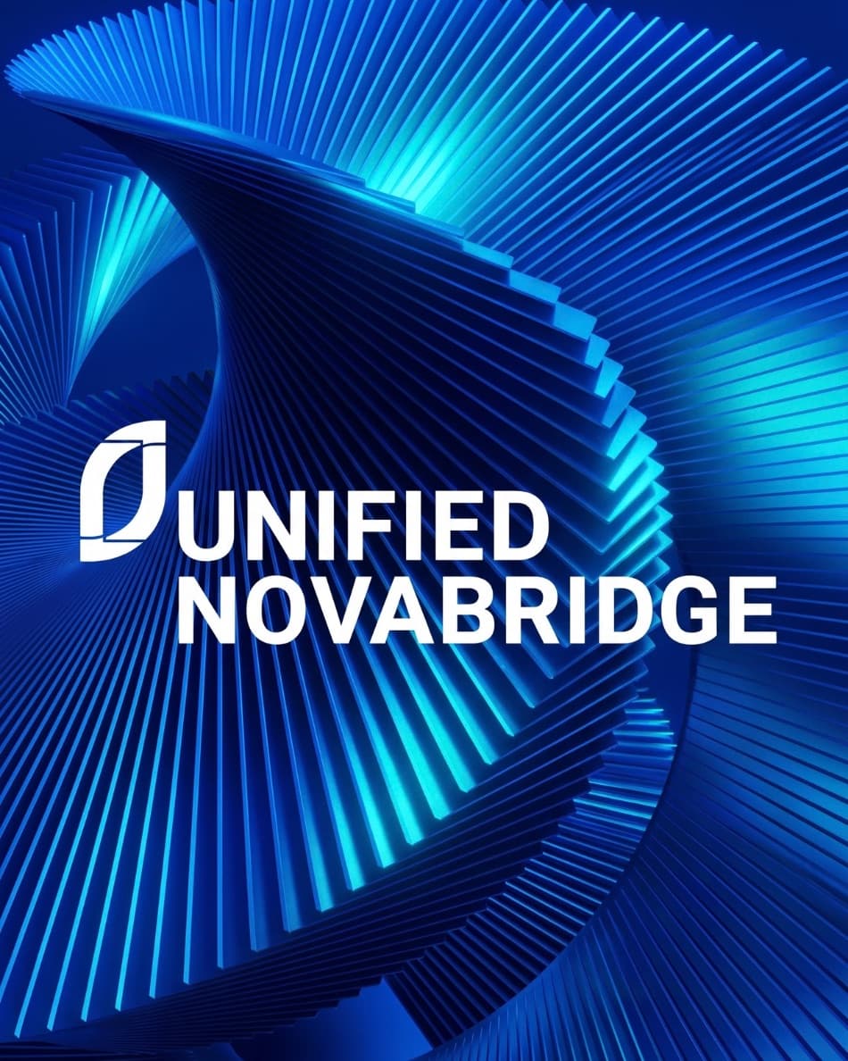 Unified Novabridge brand identity on a deep blue spiral