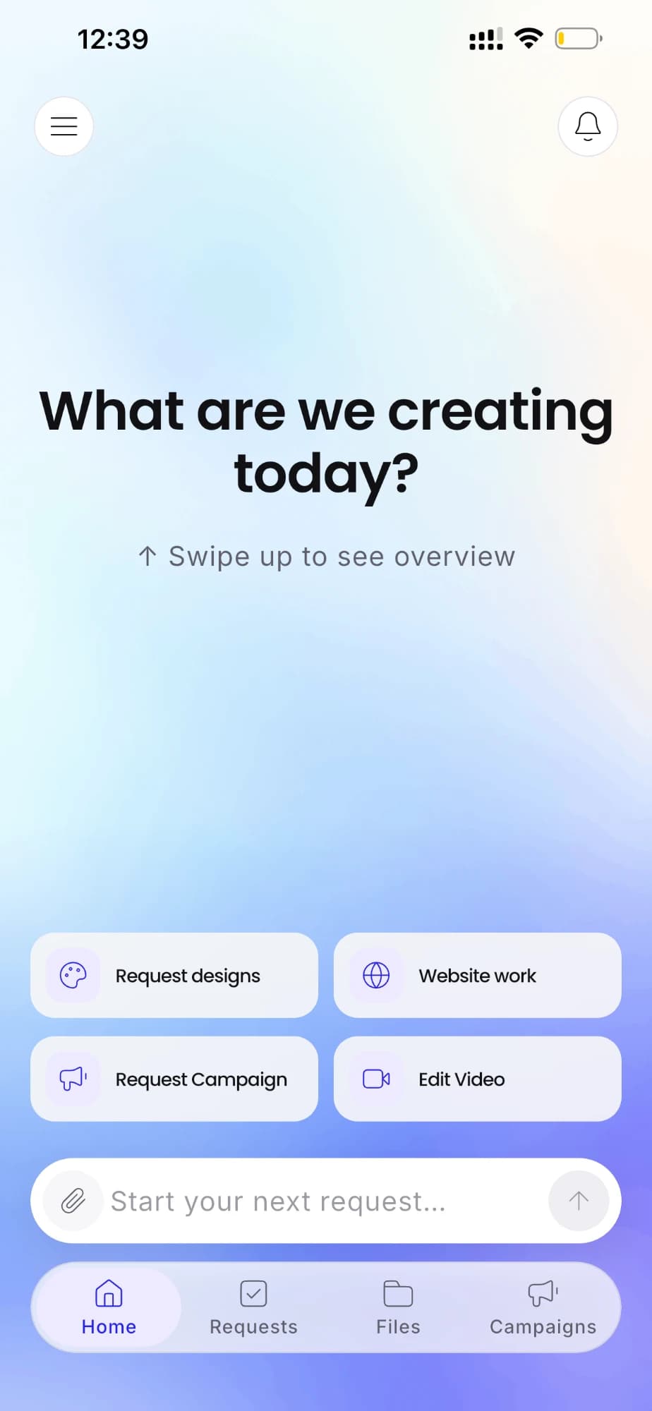 Workspace app home screen asking what we are creating today, with shortcuts to request designs, website work, campaigns and video edits