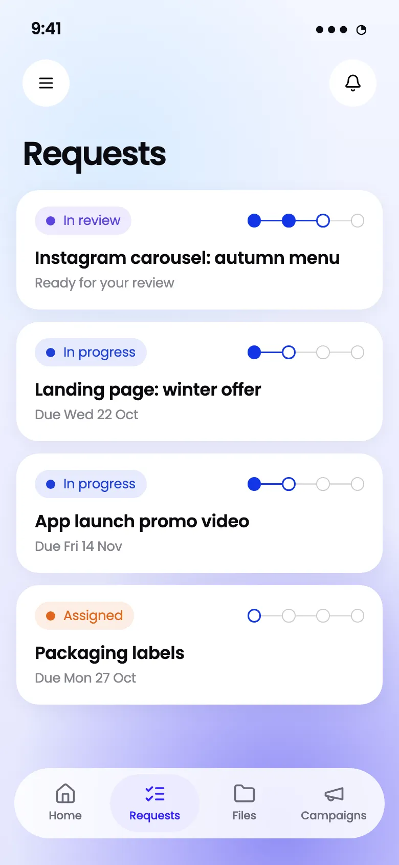 Active requests with their stages in the Workspace mobile app
