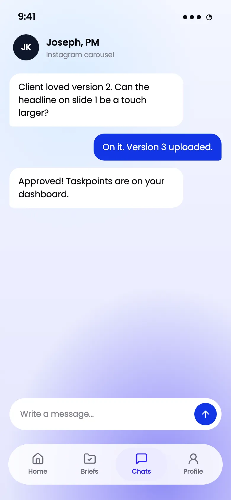 A project manager chat in the Workspace mobile app for talent