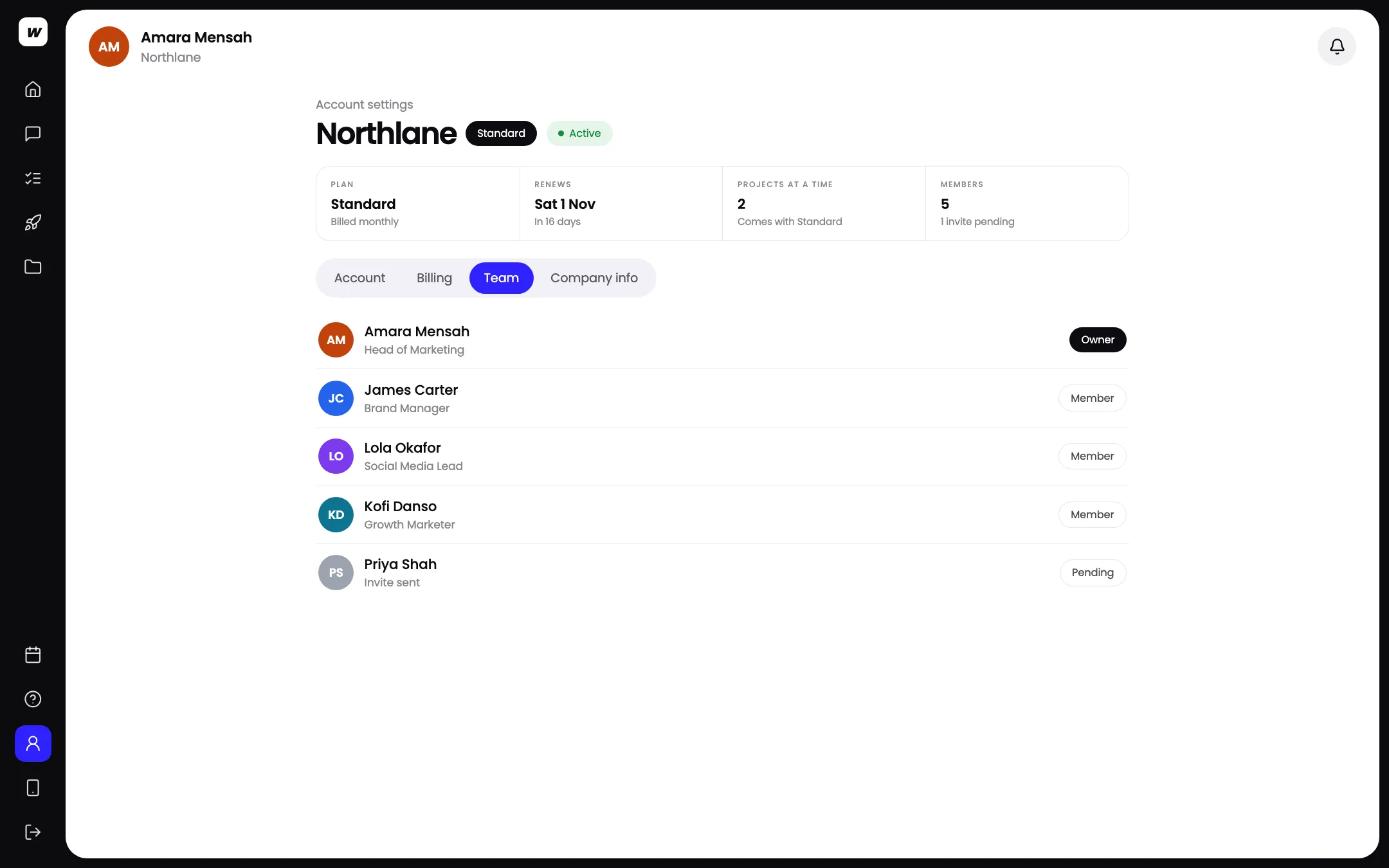 Account settings in the Workspace client app: the Standard plan, renewal date and four team members with their roles