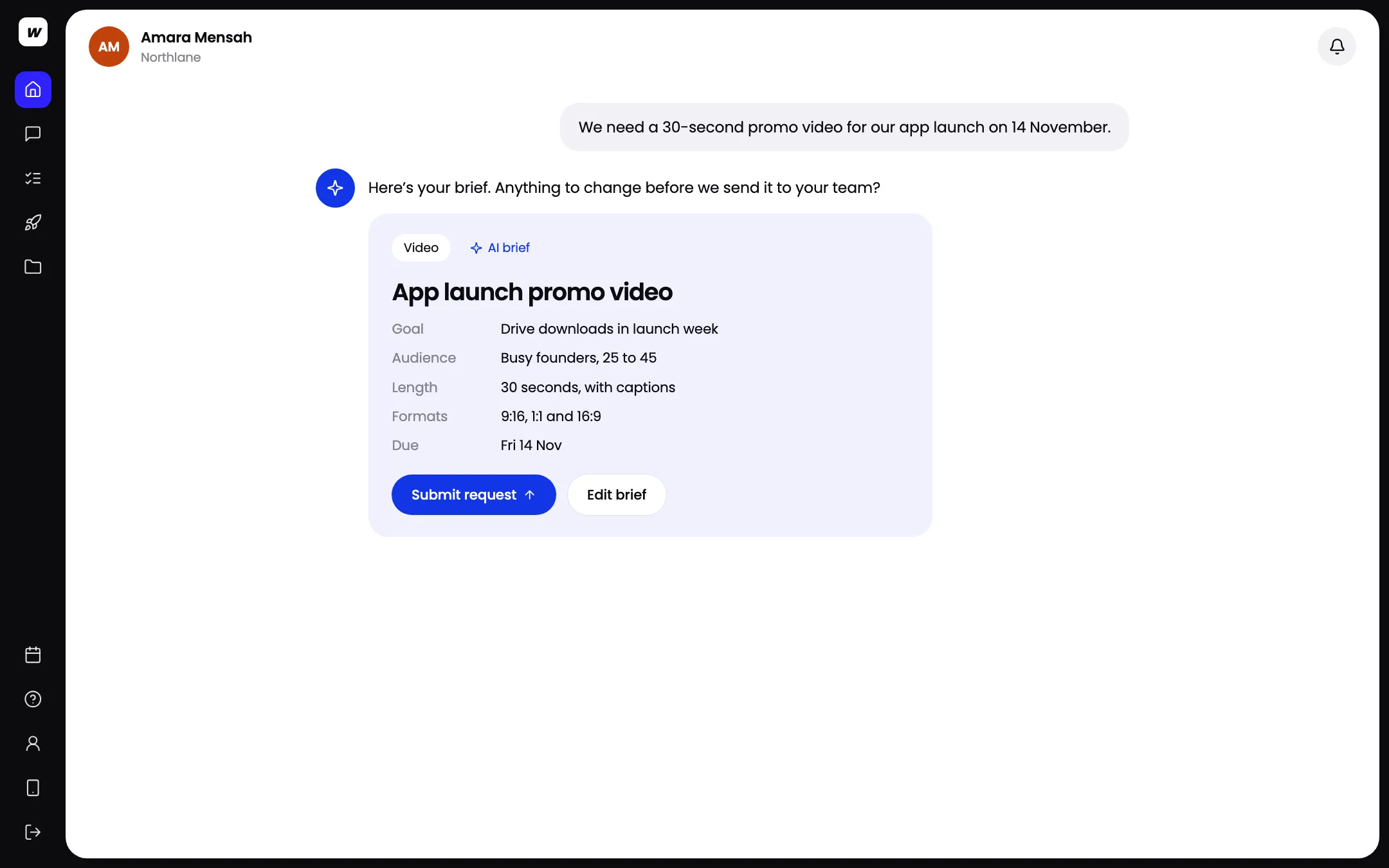 A chat in the Workspace client app where AI turns one sentence into a brief for an app launch video