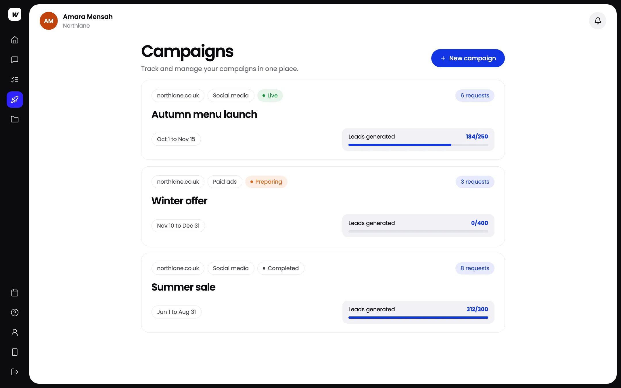 Two campaigns in the Workspace client app, one live with leads generated against its goal