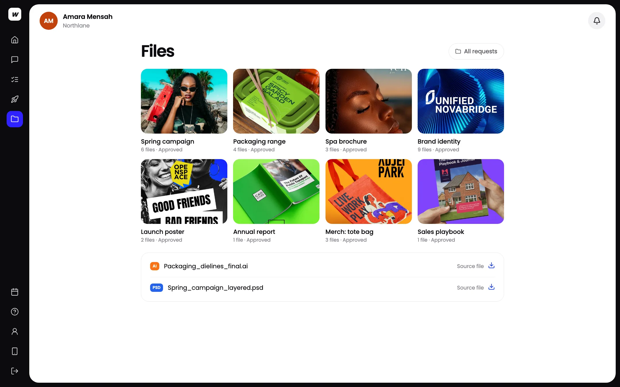 Approved work in the Workspace client app files area, with editable source files ready to download