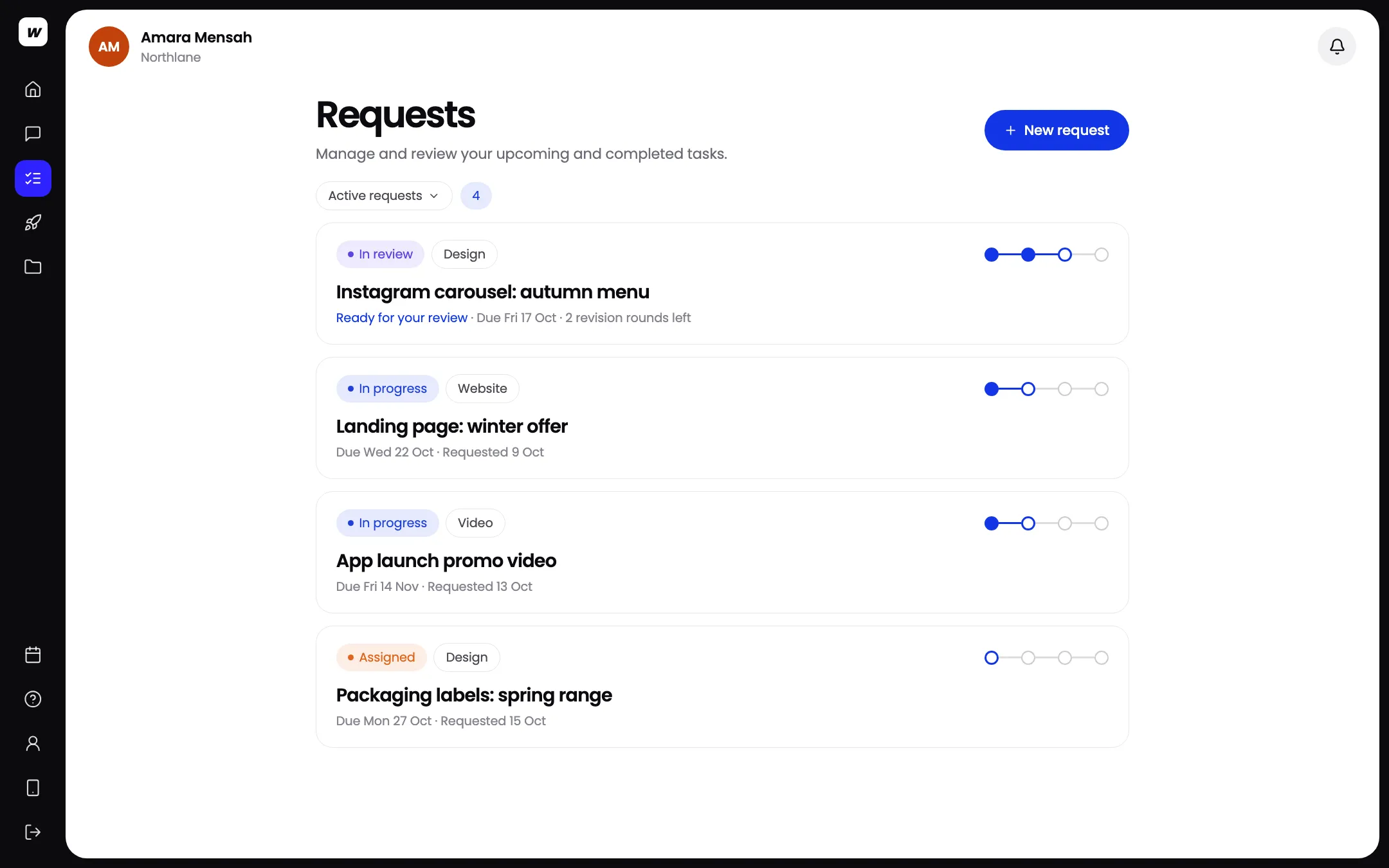 Four active requests in the Workspace client app, each with its status, stage tracker and due date