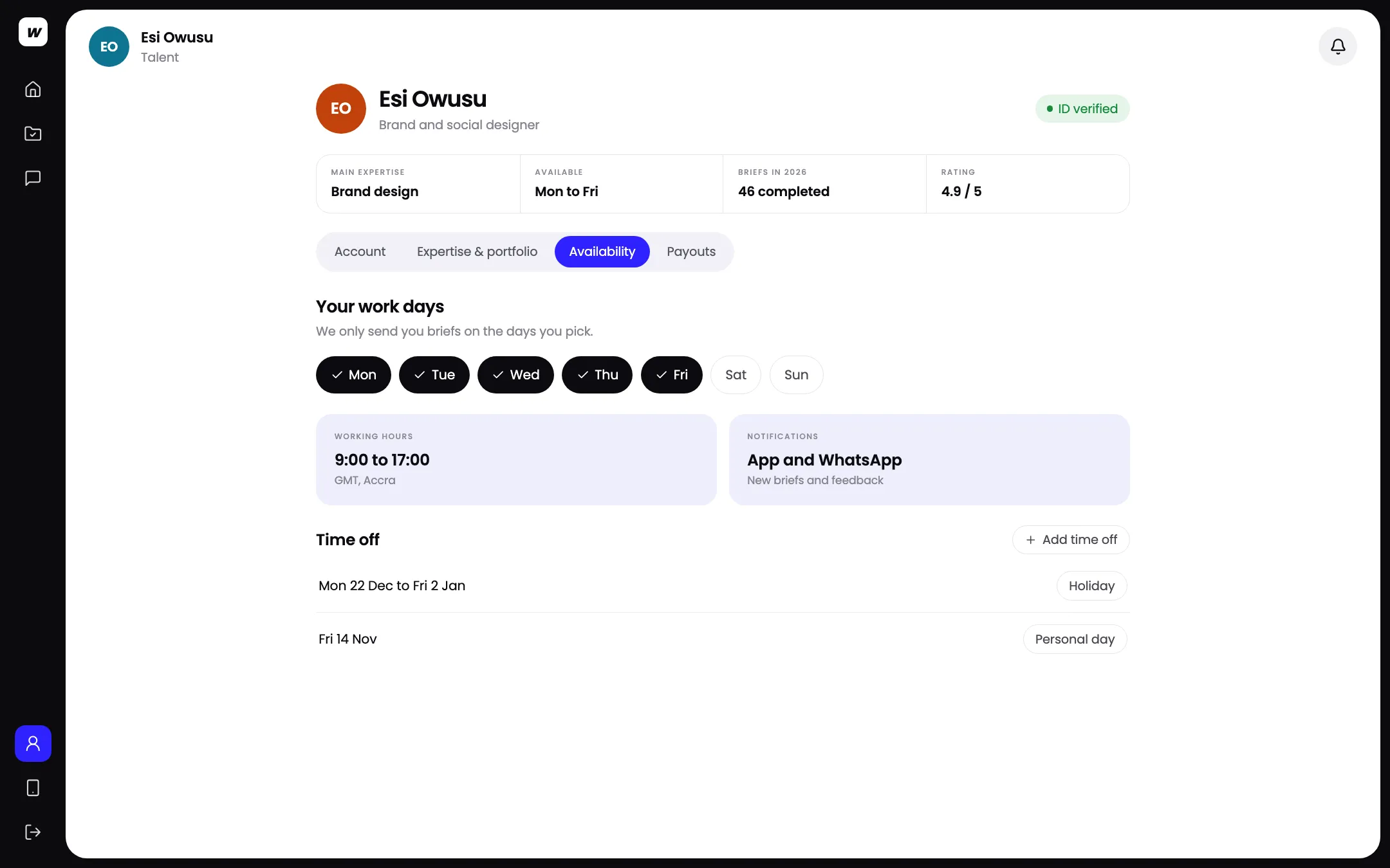 Work day settings in the Workspace talent app, with Monday to Friday selected