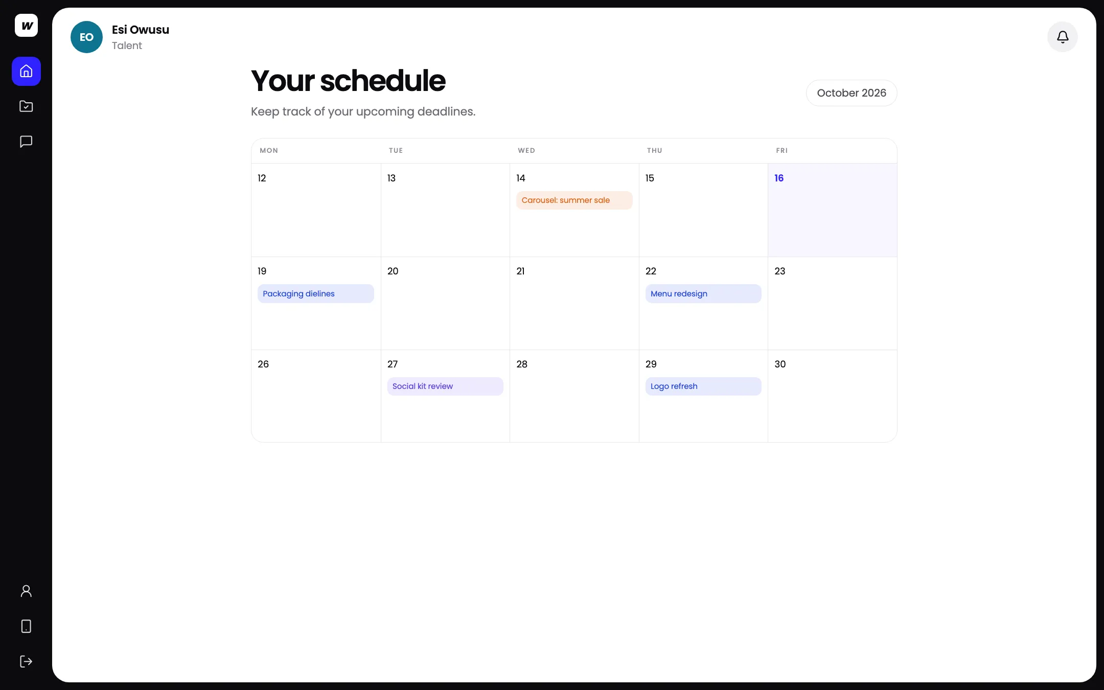 The Workspace talent schedule for October, with brief deadlines on their due dates