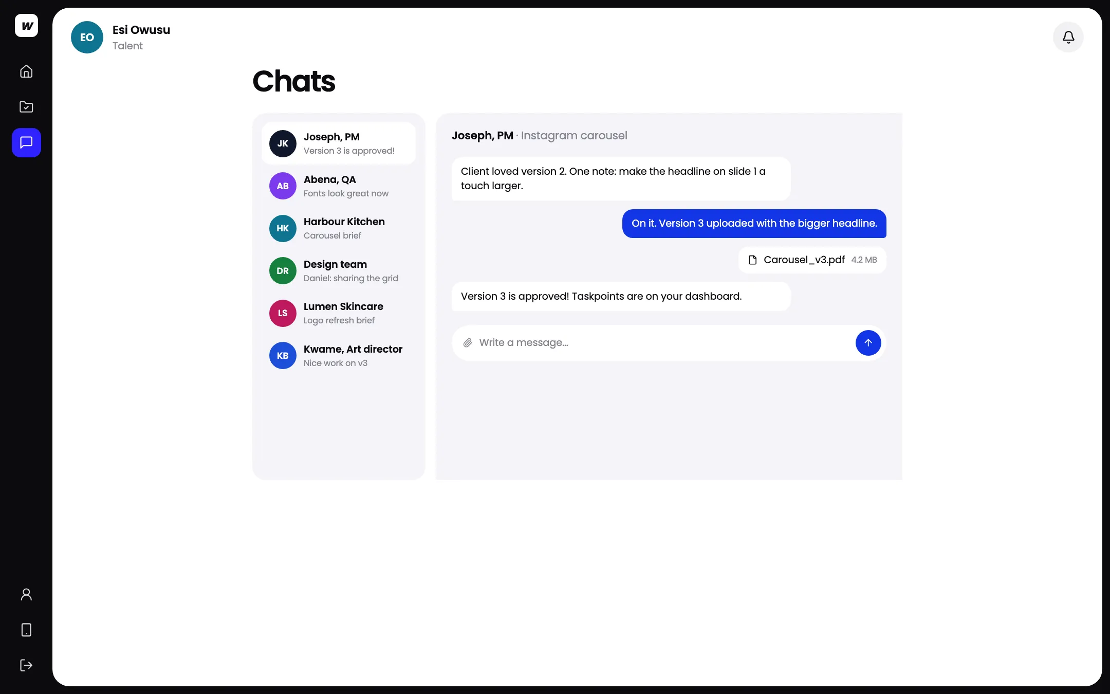 A chat in the Workspace talent app between a creative and their project manager about a revised carousel
