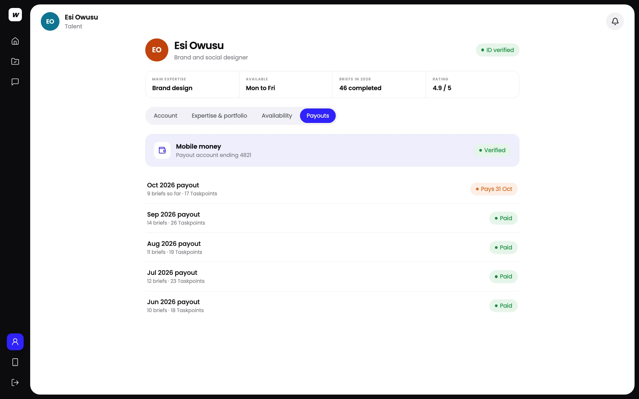 Payout settings in the Workspace talent app: a verified mobile money account and monthly payouts marked paid