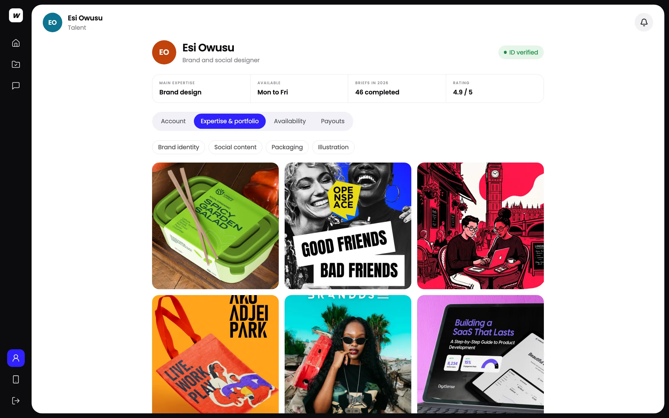 A creative profile in the Workspace talent app with expertise tags and portfolio work