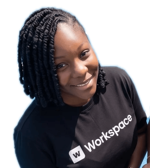 Eunice, Project Manager at Workspace, smiling in a Workspace T-shirt