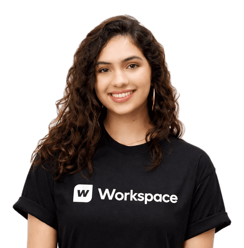 Silvana, Growth Consultant at Workspace, smiling in a Workspace T-shirt