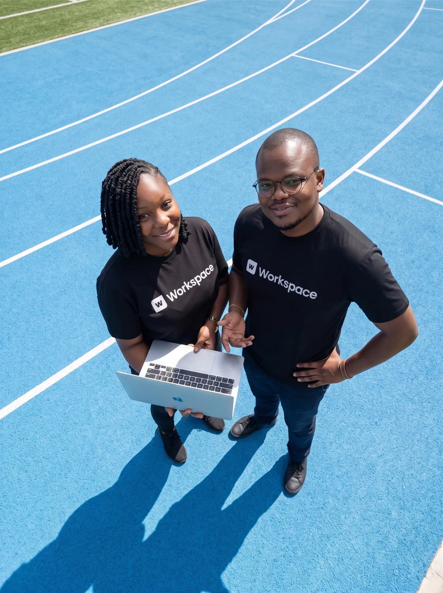 Two Workspace team members in branded T-shirts with a laptop on a blue running track