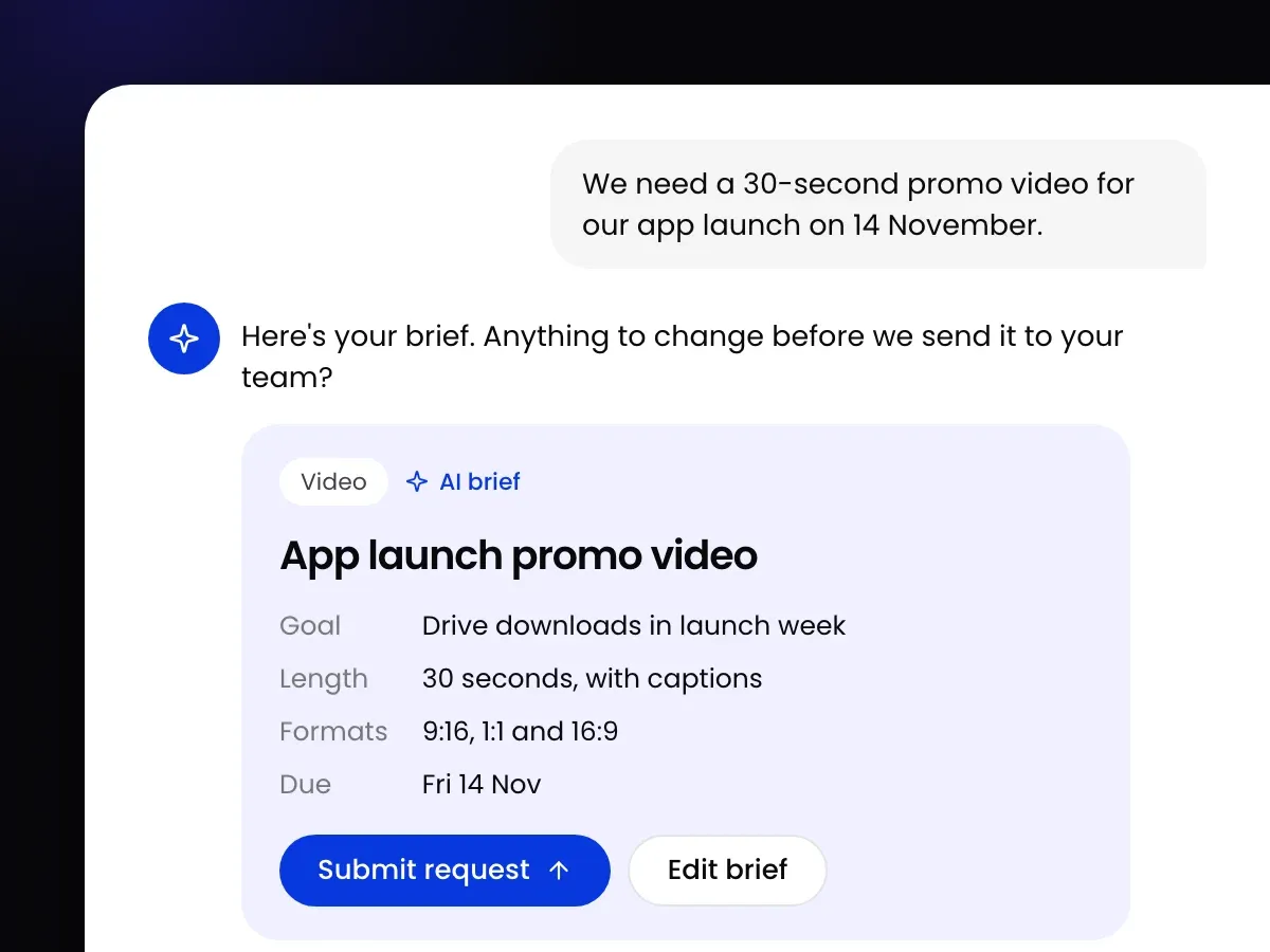 A chat in the Workspace portal where AI turns a short message into a brief for an app launch video