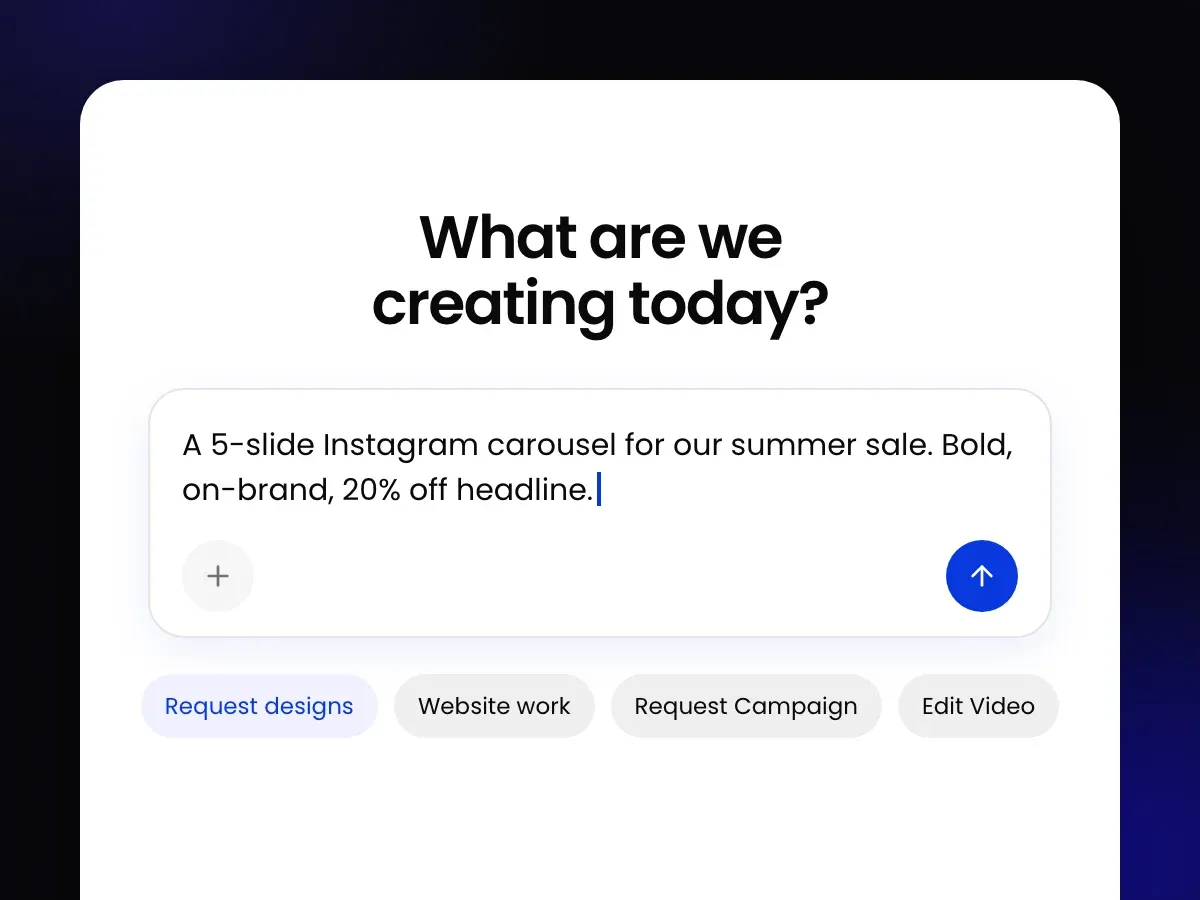 The Workspace client portal asking what we are creating today, with a request typed in