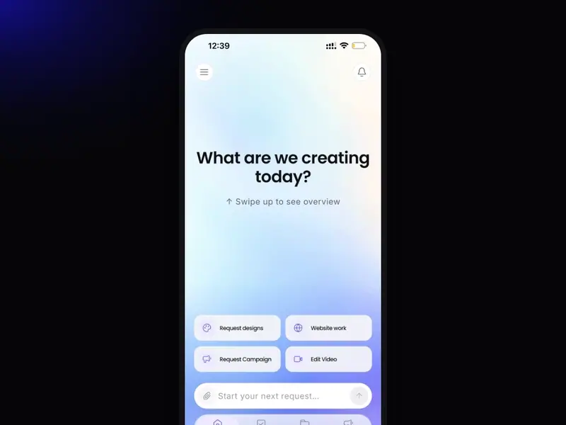Workspace mobile app home screen with shortcuts to request designs, website work, campaigns and video edits