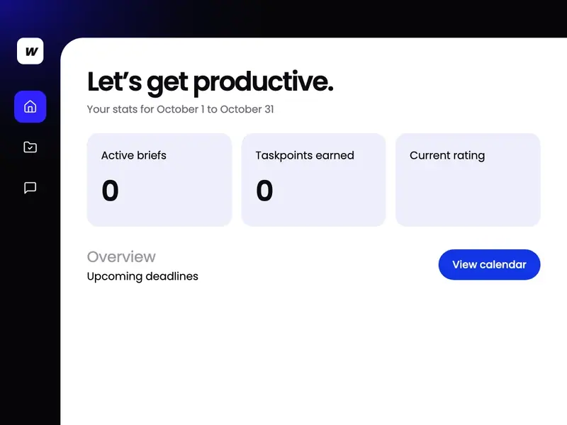 The Workspace talent dashboard: active briefs, task points earned, current rating and upcoming deadlines