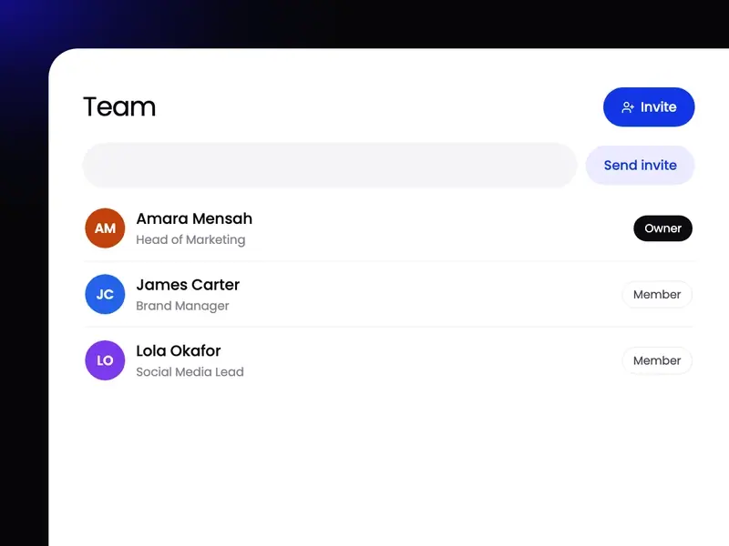 The team list in the Workspace portal, with an invite being sent to a colleague