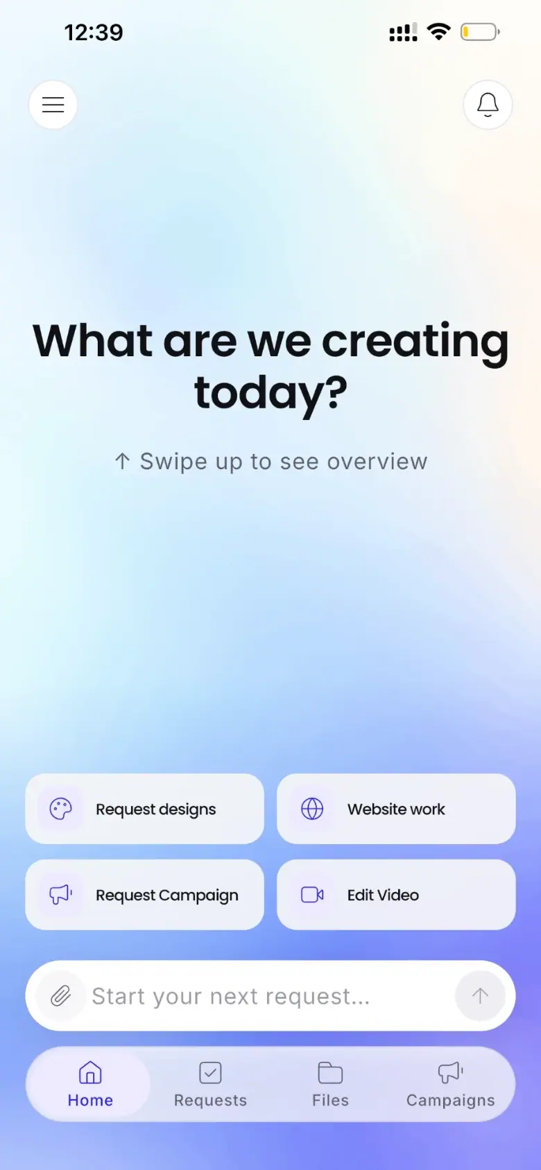 Workspace app home screen asking what we are creating today, with shortcuts to request designs, website work, campaigns and video edits