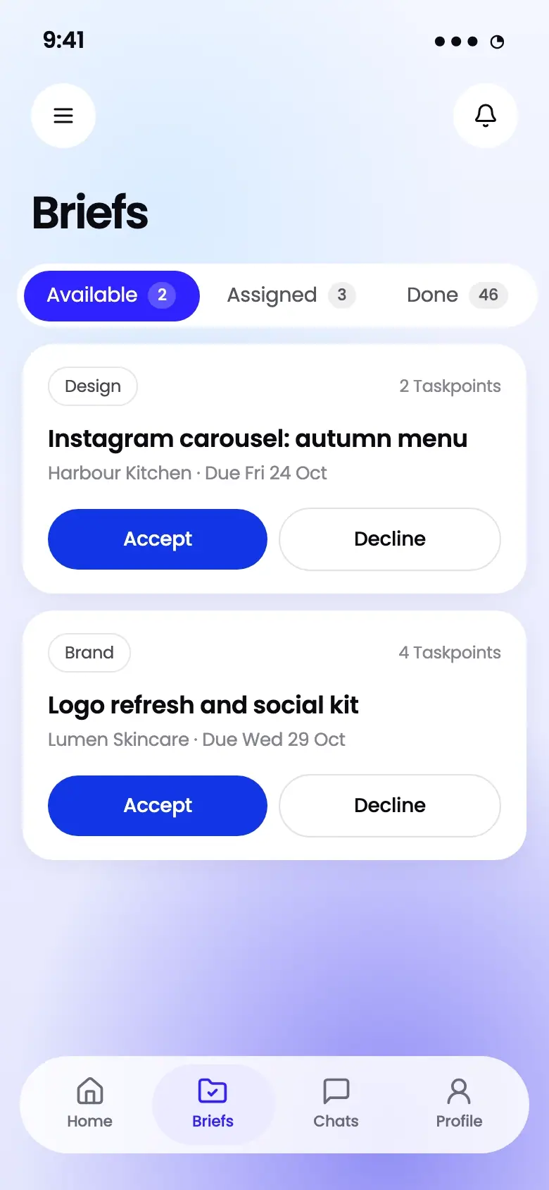 New briefs in the Workspace mobile app for talent, each with Accept and Decline buttons