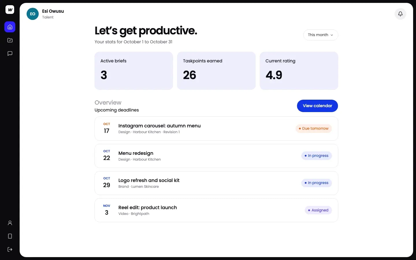 Workspace talent dashboard showing active briefs, Taskpoints earned this month, current rating and upcoming deadlines